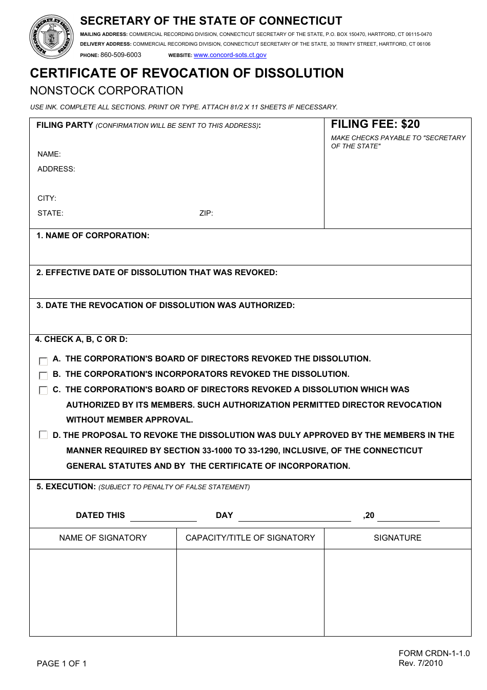 Form CRDN-1-1.0 Certificate of Revocation of Dissolution - Nonstock Corporation - Connecticut, Page 1