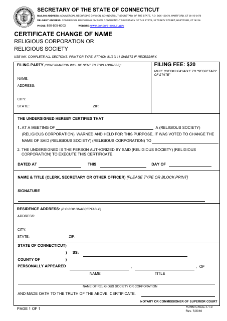 Form CRCG-1-1.0 Certificate Change of Name - Religious Corporation or Religious Society - Connecticut