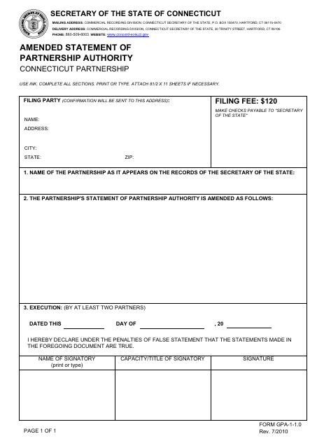 Form GPA-1-1.0 Amended Statement of Partnership Authority - Connecticut Partnership - Connecticut