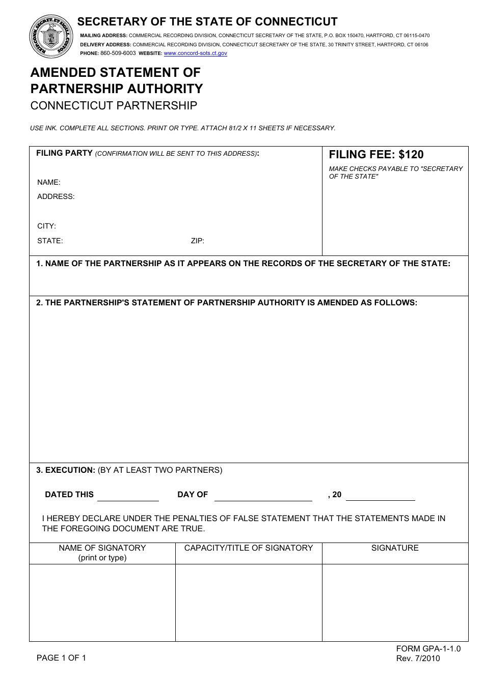 Form GPA-1-1.0 Amended Statement of Partnership Authority - Connecticut Partnership - Connecticut, Page 1