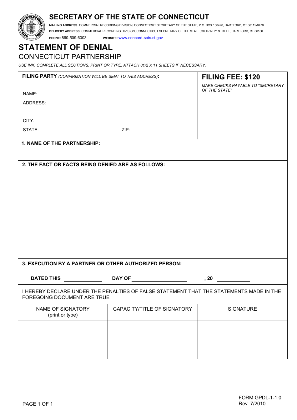 Form GPDL-1-1.0 Statement of Denial - Connecticut, Page 1