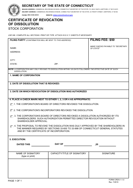 Form CRDS-1-1.0 Certificate of Revocation of Dissolution - Connecticut