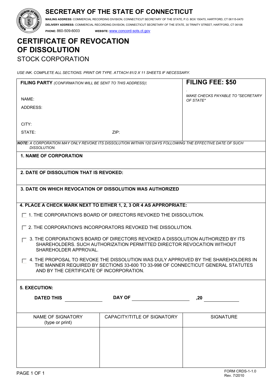 Form CRDS-1-1.0 Certificate of Revocation of Dissolution - Connecticut, Page 1