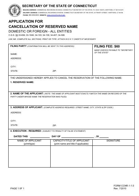 Form CCNR-1-1.0 Application for Cancellation of Reserved Name - Connecticut