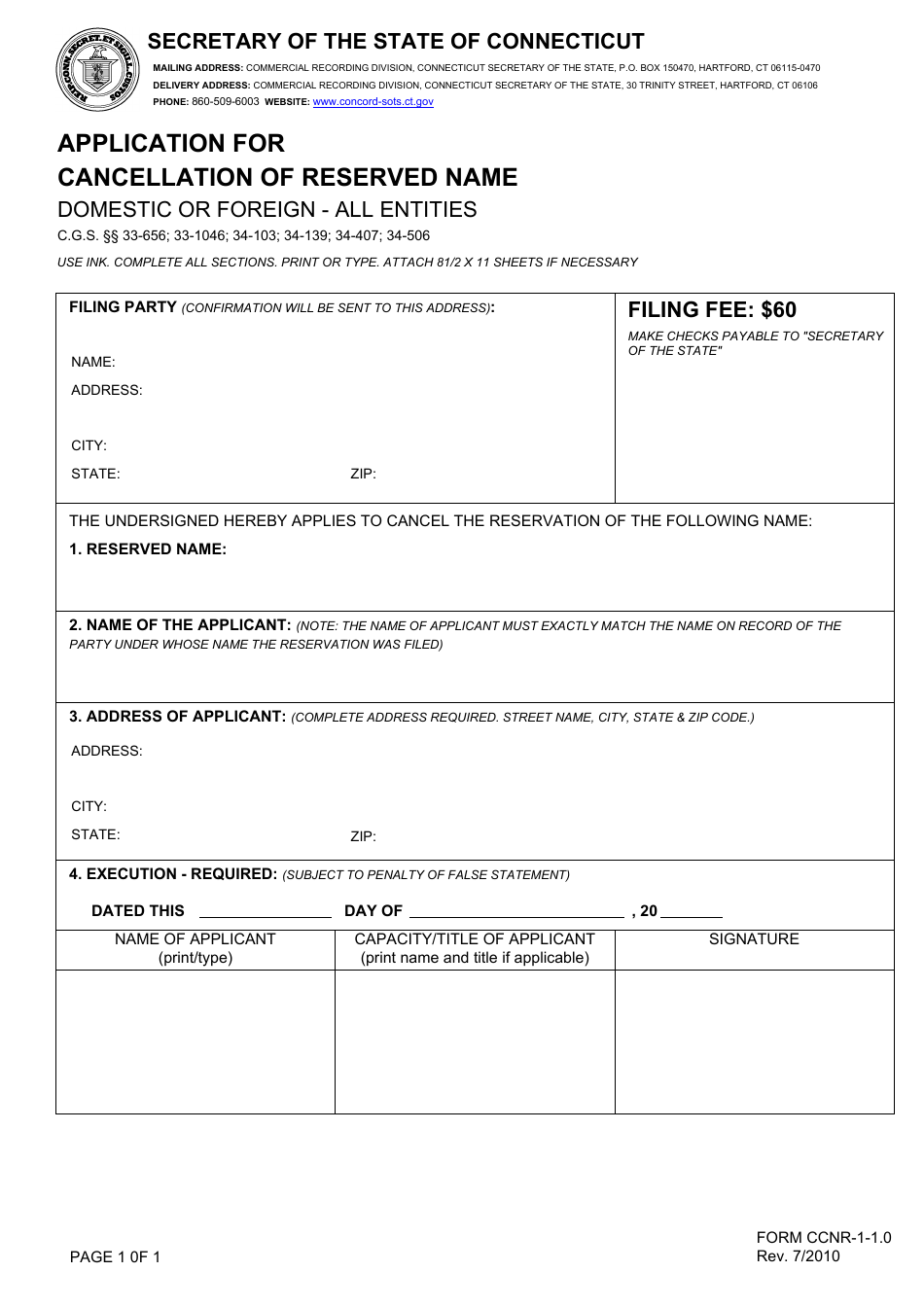Form CCNR-1-1.0 Application for Cancellation of Reserved Name - Connecticut, Page 1
