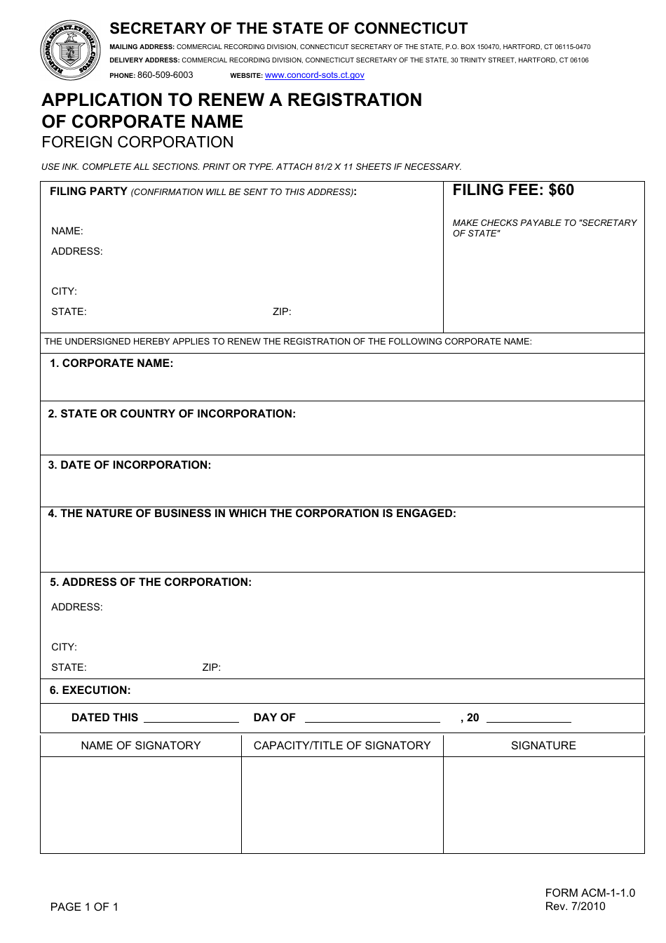Form ACM-1-1.0 Application to Renew a Registration of Corporate Name - Connecticut, Page 1
