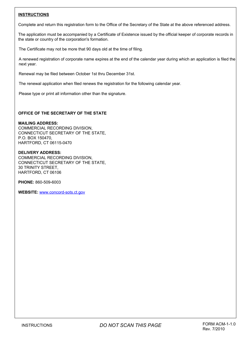 Form ACM-1-1.0 Application to Renew a Registration of Corporate Name - Connecticut, Page 2