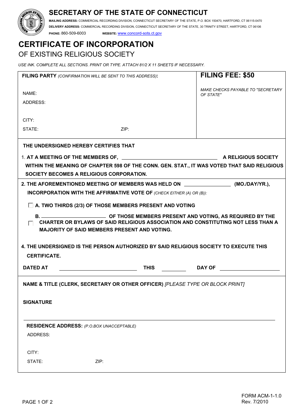 Form ACM-1-1.0 Certificate of Incorporation - Connecticut, Page 1