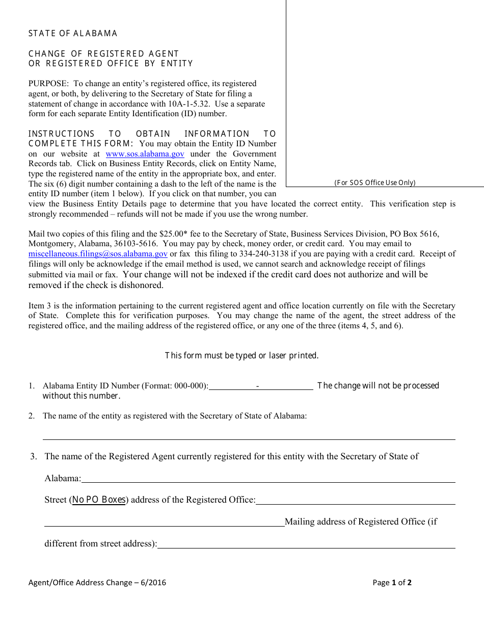 Change of Registered Agent or Registered Office by Entity - Alabama, Page 1