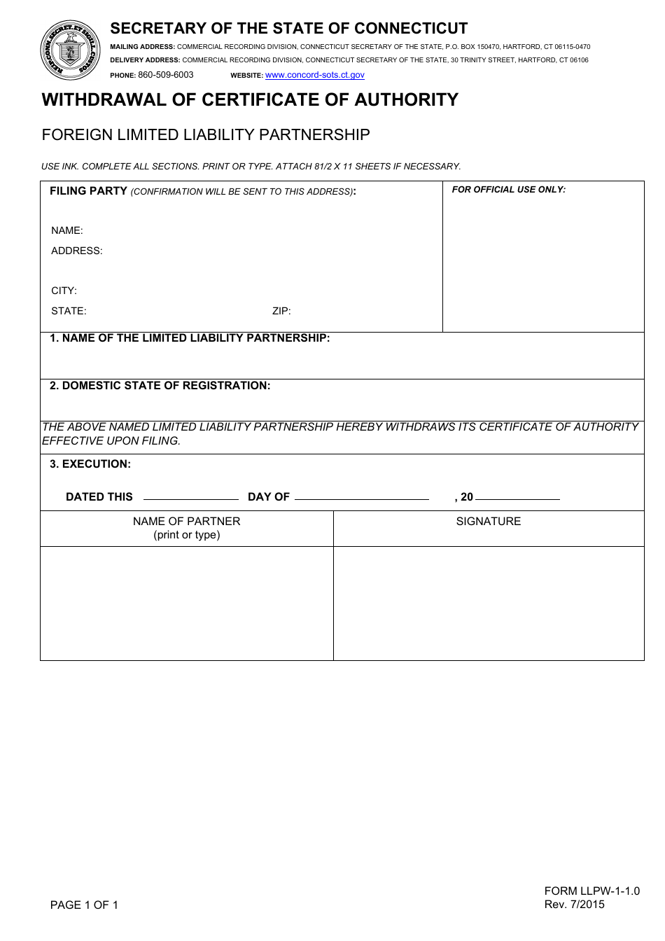 Form LLPW-1-1.0 Withdrawal of Certificate of Authority - Foreign Limited Liability Partnership - Connecticut, Page 1