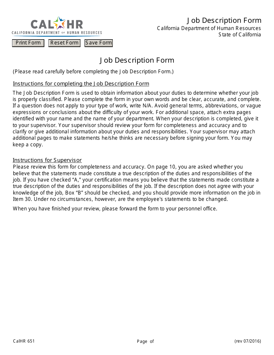 Form CALHR651 Job Description Form - California, Page 1