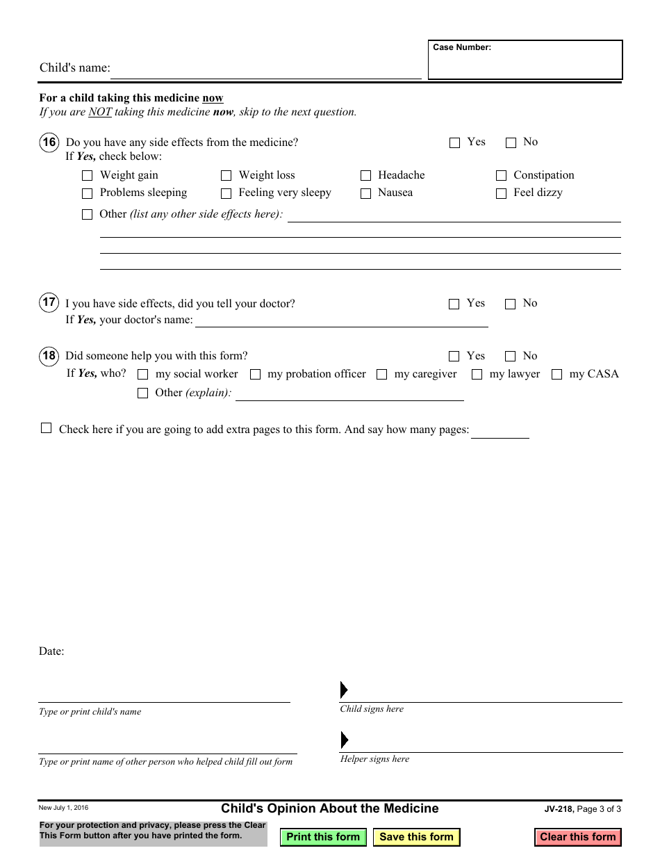 Form JV-218 Childs Opinion About the Medicine - California, Page 3