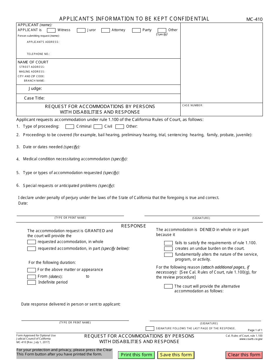 Form MC-410 Request for Accommodations by Persons With Disabilities and Response - California, Page 1