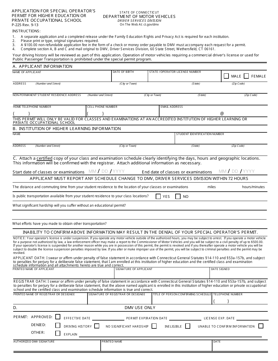 Form P-225 Application for Special Operators Permit for Higher Education or Private Occupational School - Connecticut, Page 1