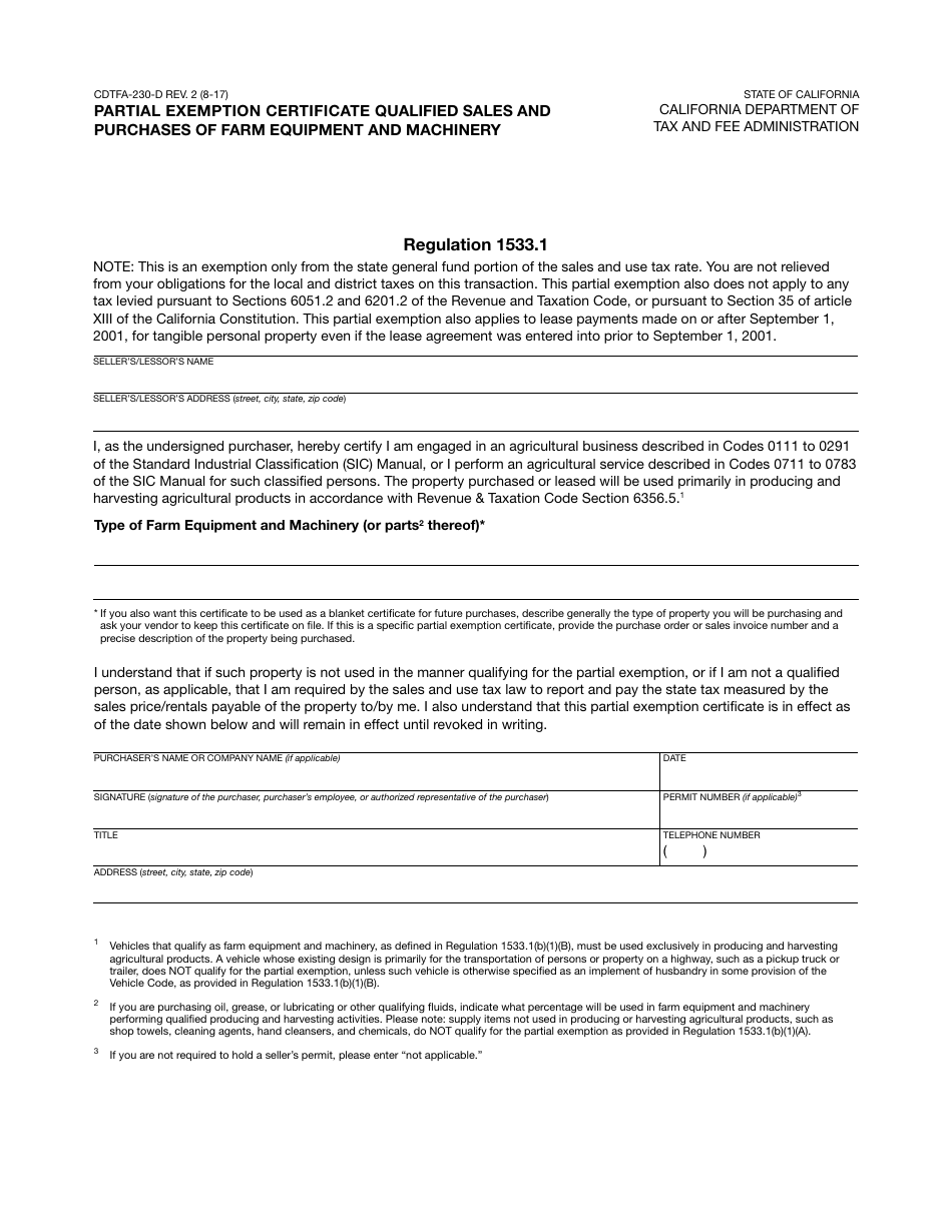 Form CDTFA-230-D Partial Exemption Certificate Qualified Sales and Purchases of Farm Equipment and Machinery - California, Page 1