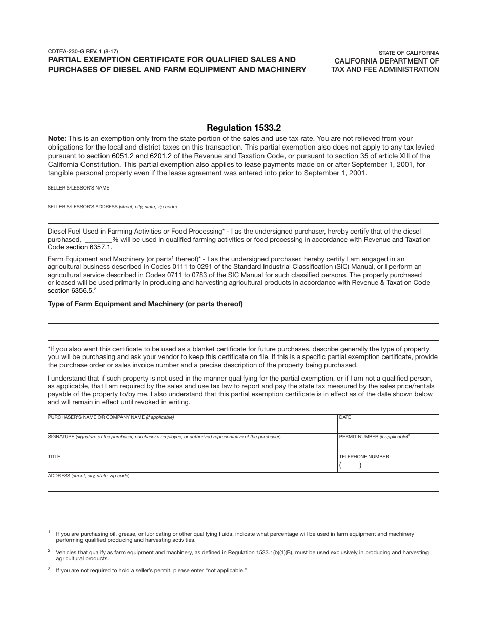 Form CDTFA-230-G Partial Exemption Certificate for Qualified Sales and Purchases of Diesel and Farm Equipment and Machinery - California, Page 1