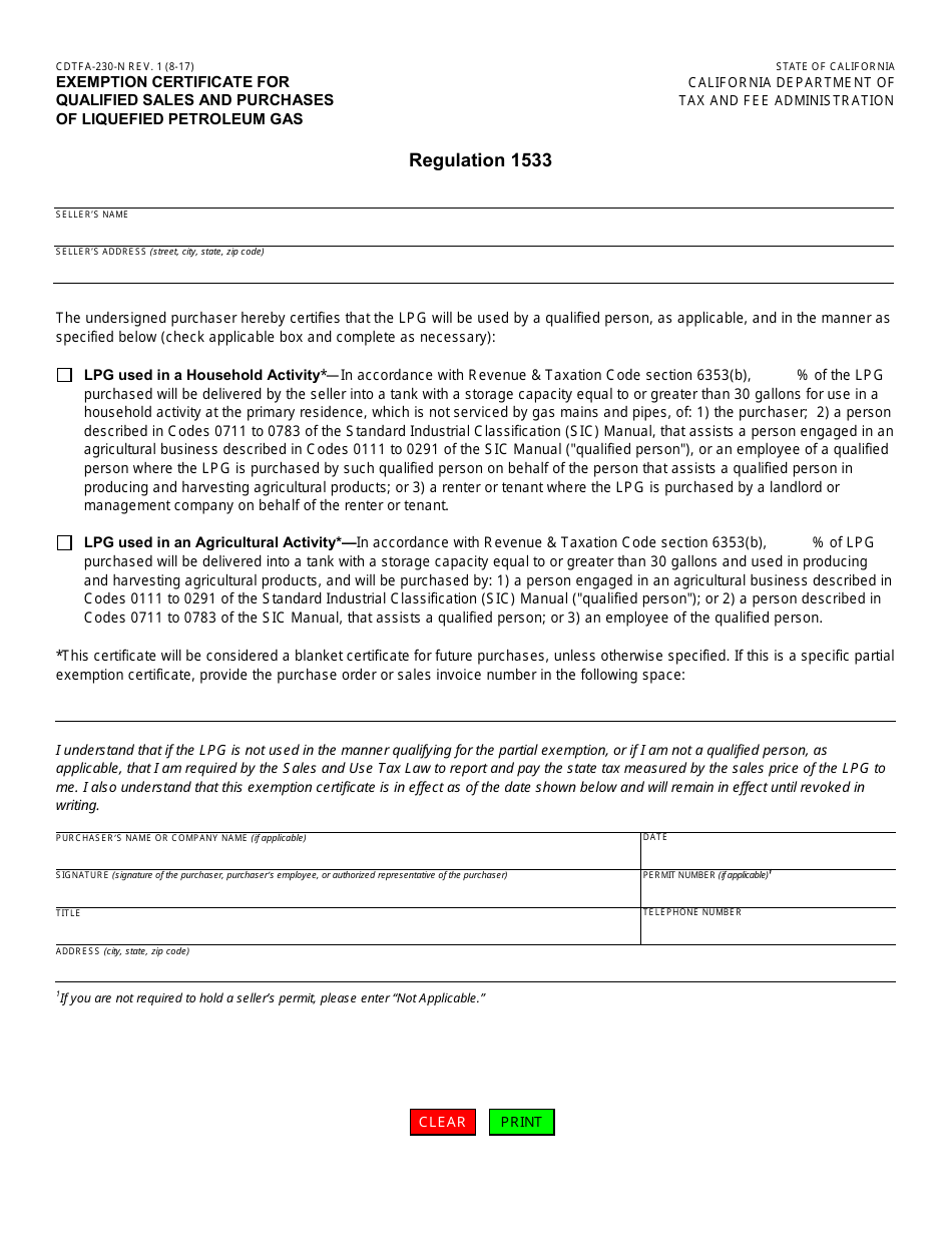 Form CDTFA-230-N Exemption Certificate for Qualified Sales and Purchases of Liquefied Petroleum Gas - California, Page 1