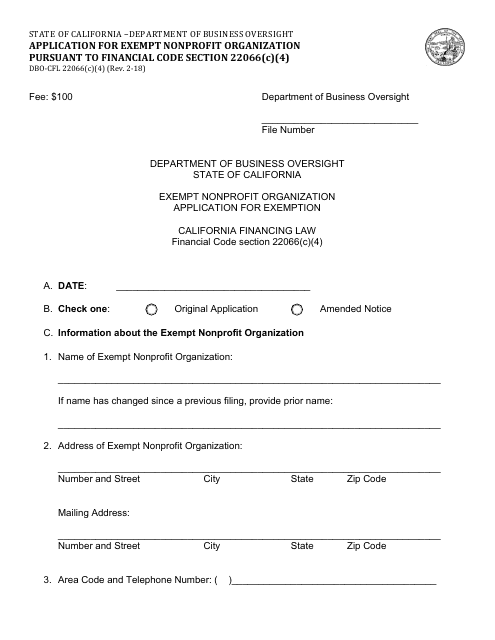 Form DBO-CFL22066(C)(4) Application for Exempt Nonprofit Organization Pursuant to Financial Code Section 22066(C)(4) - California