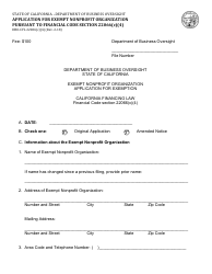 Form DBO-CFL22066(C)(4) Application for Exempt Nonprofit Organization Pursuant to Financial Code Section 22066(C)(4) - California