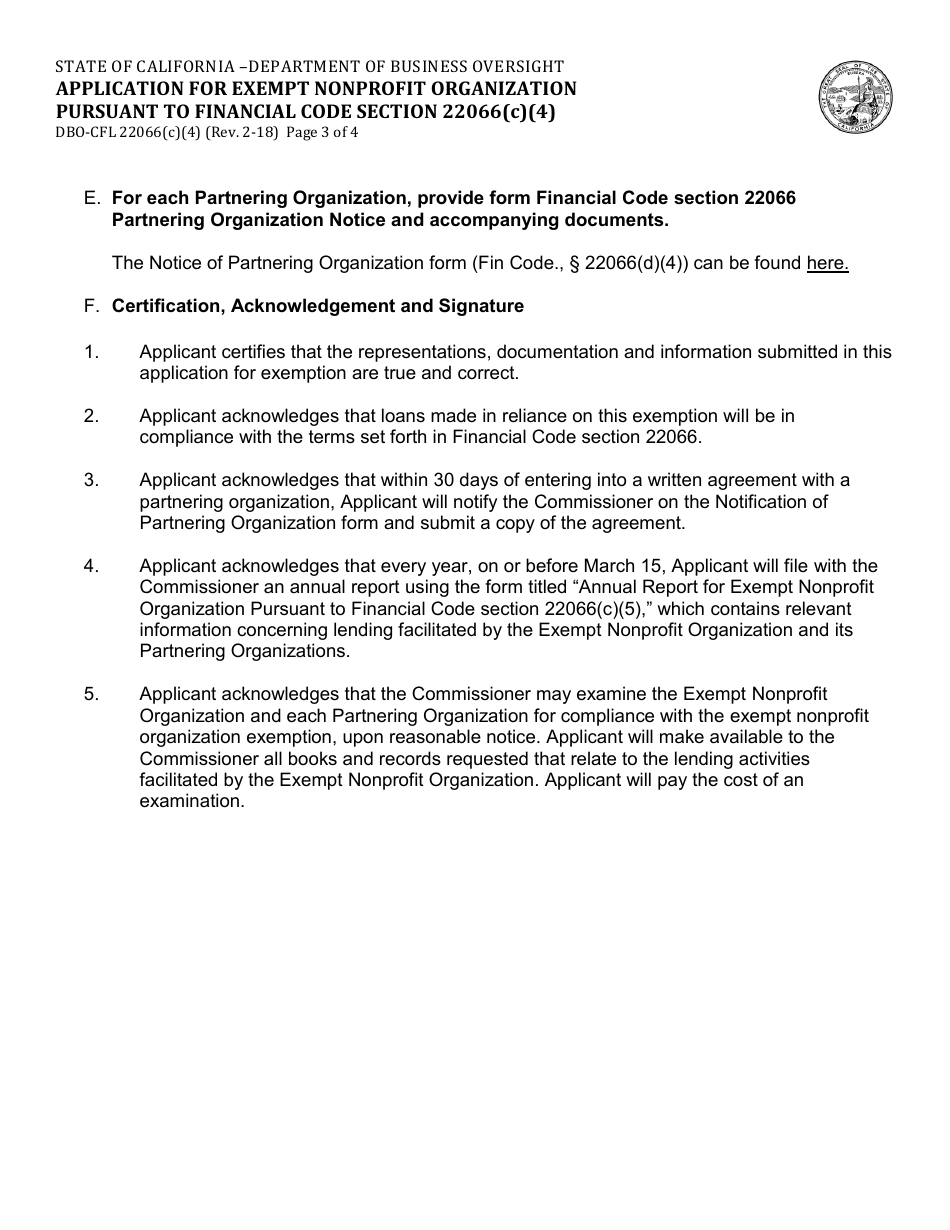 Form DBO-CFL22066(C)(4) Application for Exempt Nonprofit Organization Pursuant to Financial Code Section 22066(C)(4) - California, Page 3
