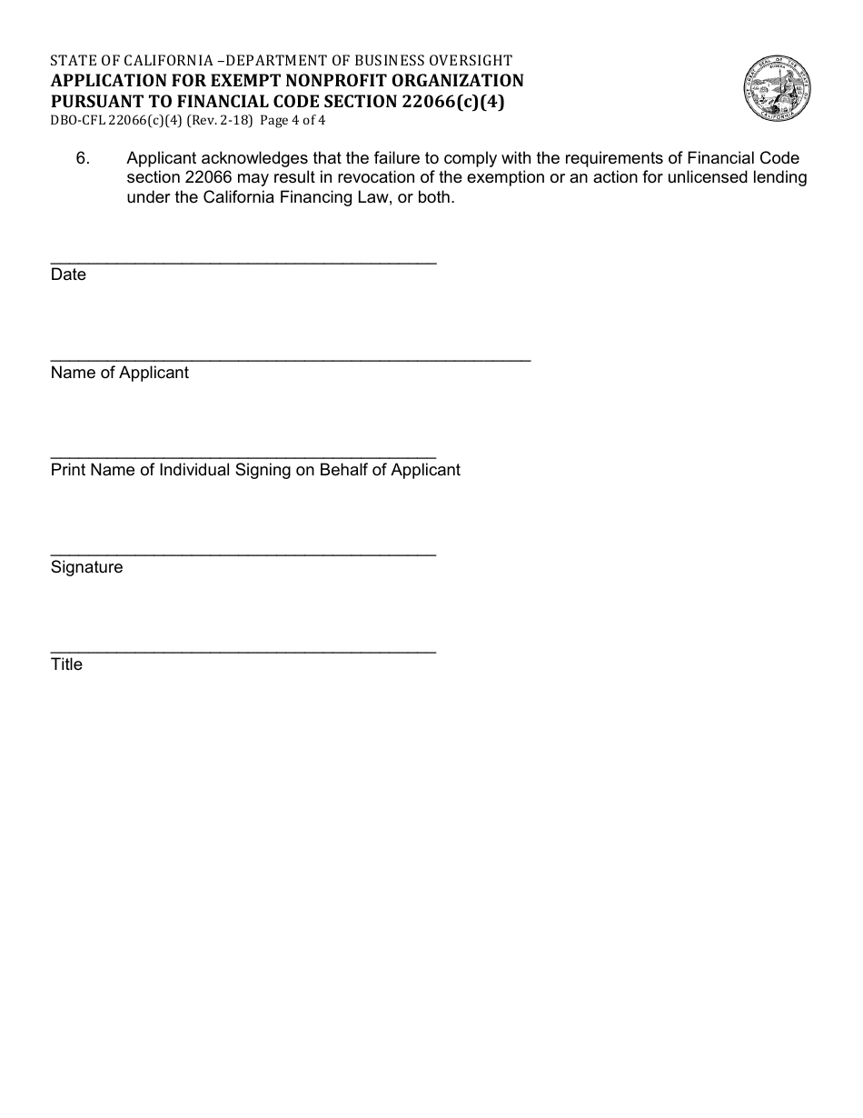 Form DBO-CFL22066(C)(4) Application for Exempt Nonprofit Organization Pursuant to Financial Code Section 22066(C)(4) - California, Page 4