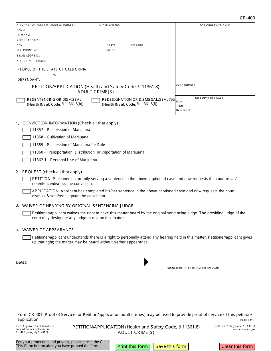 Form CR-400 Petition / Application (Health and Safety Code, 11361.8) - Adult Crime(S) - California, Page 1