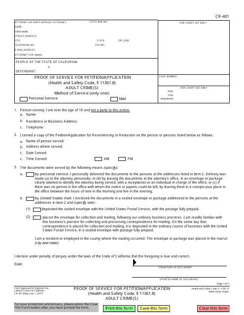 Form CR-401 Proof of Service for Petition/Application (Health and Safety Code, 11361.8) - Adult Crime(S) - California