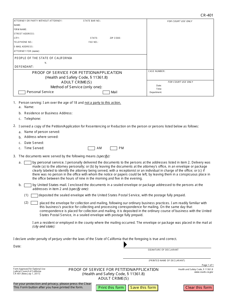 Form CR-401 Proof of Service for Petition / Application (Health and Safety Code, 11361.8) - Adult Crime(S) - California, Page 1