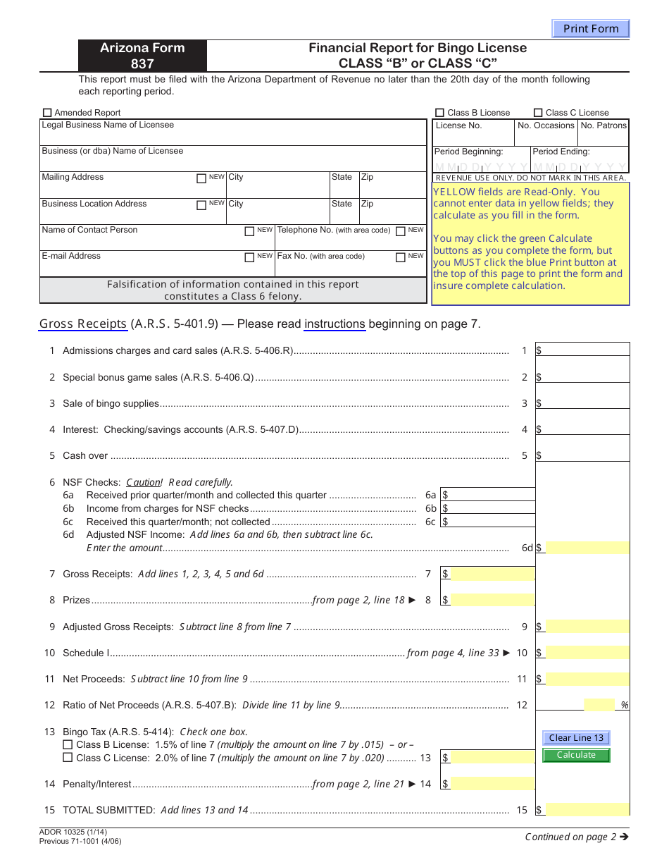 Arizona Form 837 (ADOR10325) Financial Report for Bingo License Class b or Class c - Arizona, Page 1