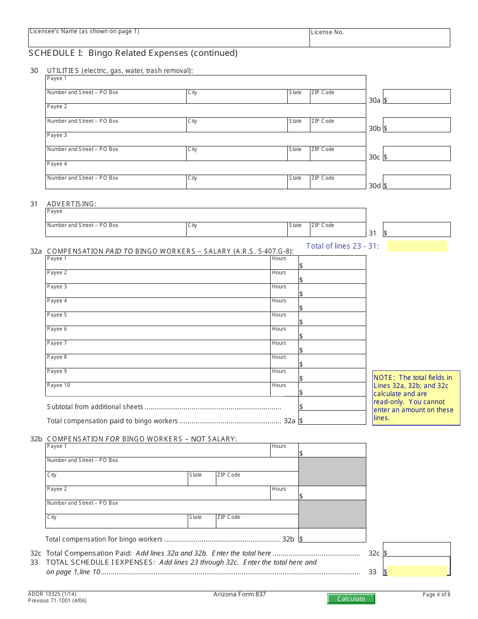 Arizona Form 837 (ADOR10325) Financial Report for Bingo License Class b or Class c - Arizona, Page 4