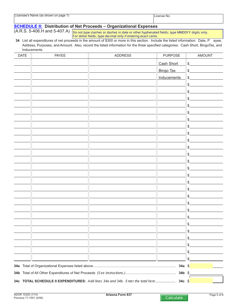 Arizona Form 837 (ADOR10325) Financial Report for Bingo License Class b or Class c - Arizona, Page 5