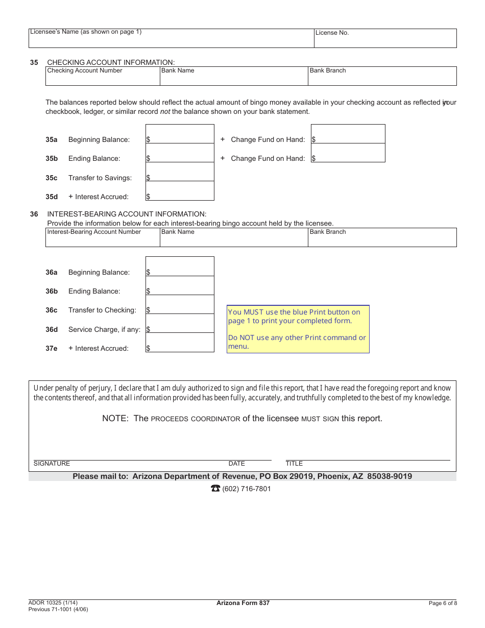 Arizona Form 837 (ADOR10325) Financial Report for Bingo License Class b or Class c - Arizona, Page 6