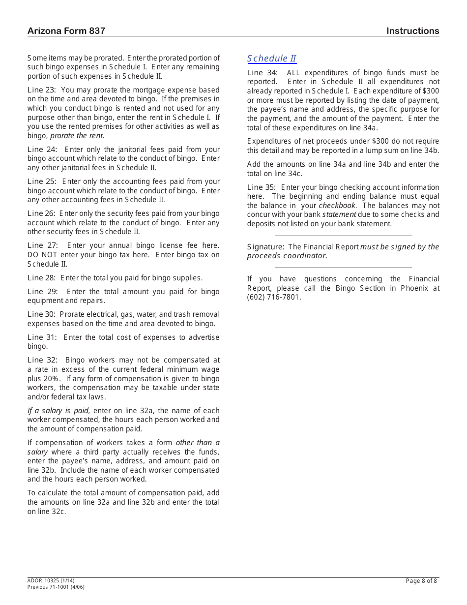 Arizona Form 837 (ADOR10325) Financial Report for Bingo License Class b or Class c - Arizona, Page 8