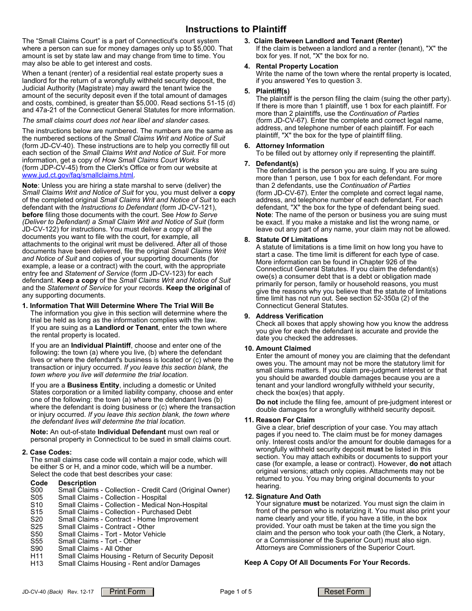 Form JD-CV-40 Small Claims Writ and Notice of Suit - Connecticut, Page 1