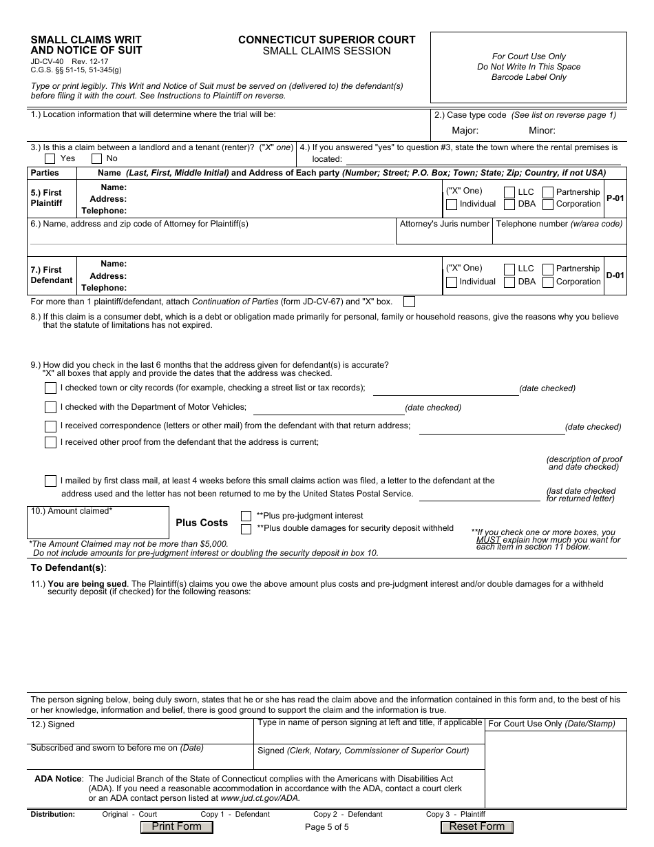 Form JD-CV-40 Small Claims Writ and Notice of Suit - Connecticut, Page 5