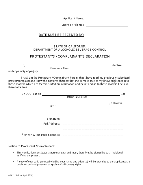 Form ABC-128 Protestant's / Complainant's Declaration - California