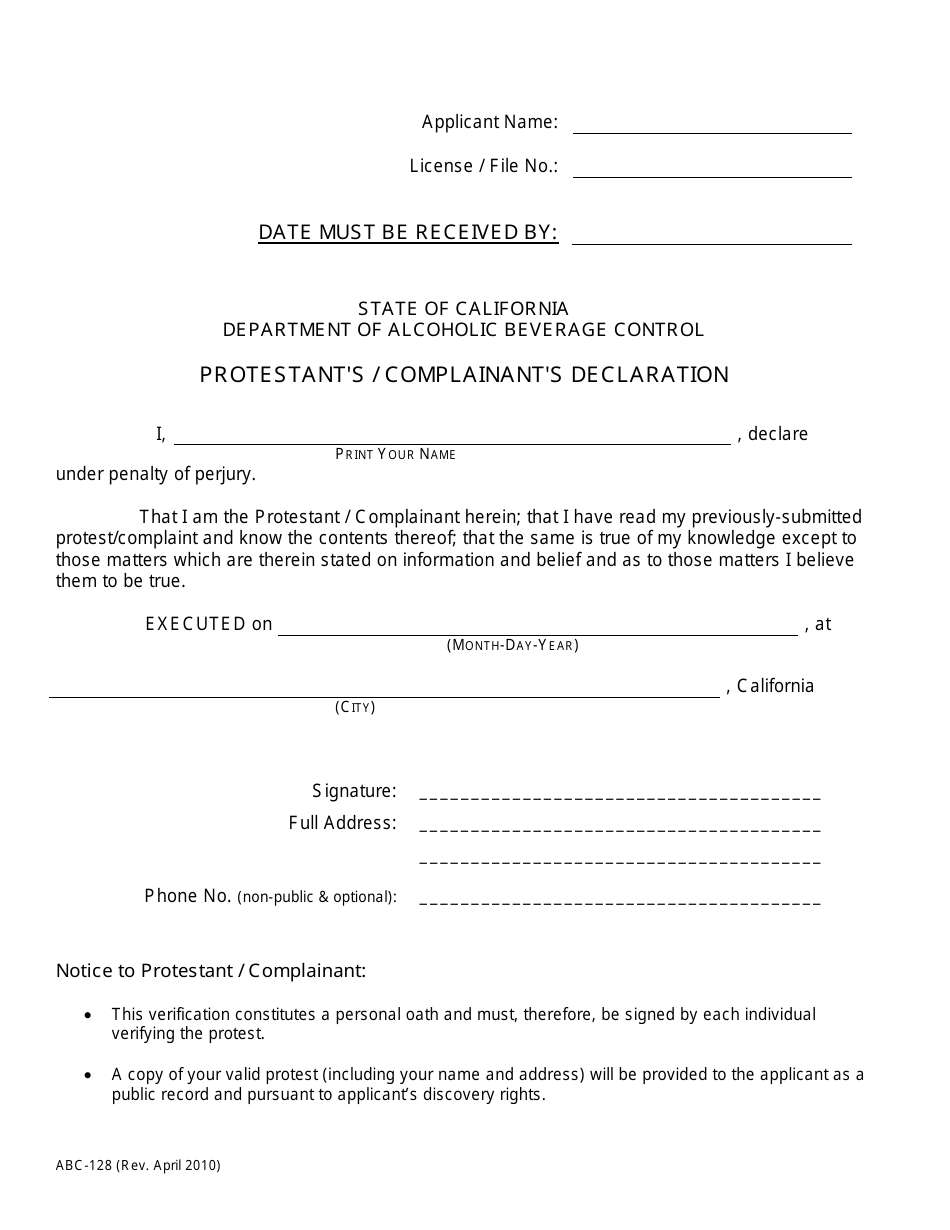 Form ABC-128 Protestants / Complainants Declaration - California, Page 1