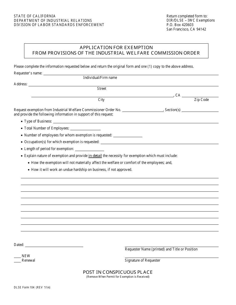 DLSE Form 104 Application for Exemption From Provisions of the Industrial Welfare Commission Order - California, Page 1
