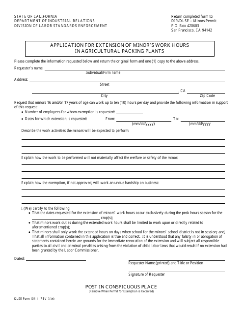 DLSE Form 104-1 Application for Extension of Minor&#039;s Work Hours in Agricultural Packing Plants - California