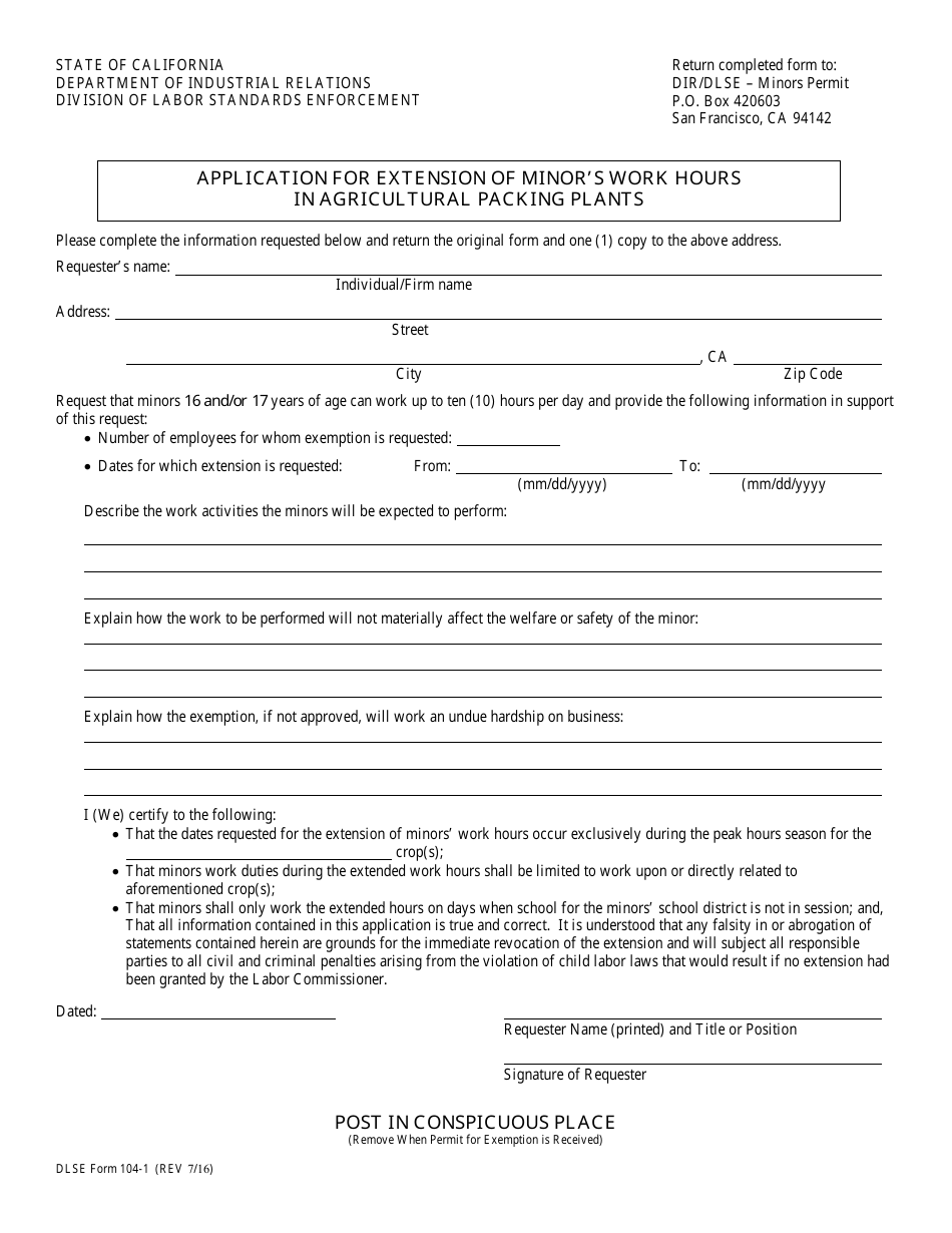 DLSE Form 104-1 Application for Extension of Minors Work Hours in Agricultural Packing Plants - California, Page 1
