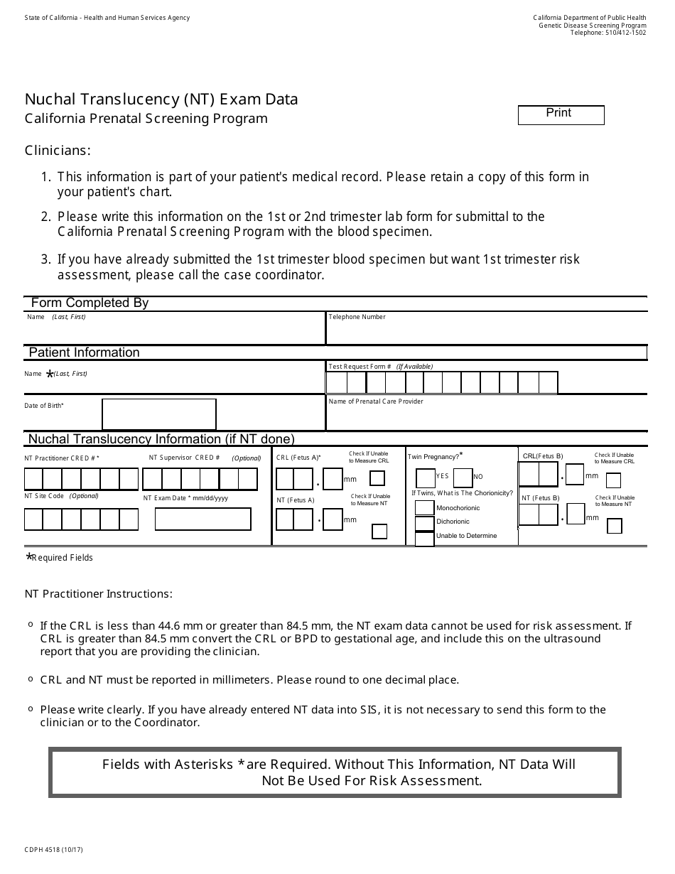 Form CDPH4518 Nuchal Translucency (Nt) Exam Data - California Prenatal Screening Program - California, Page 1