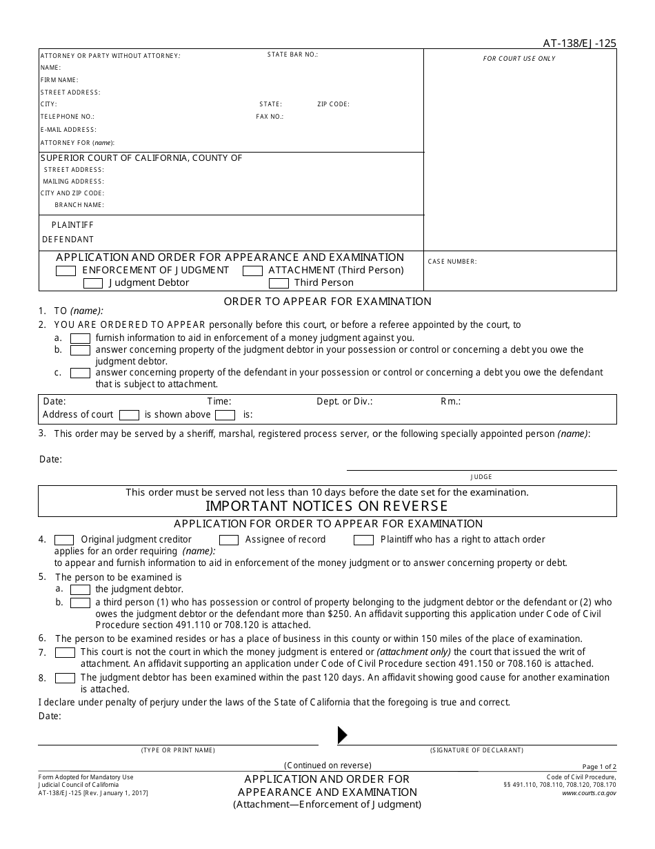 Form AT-138 (EJ-125) Application and Order for Appearance and Examination - California, Page 1