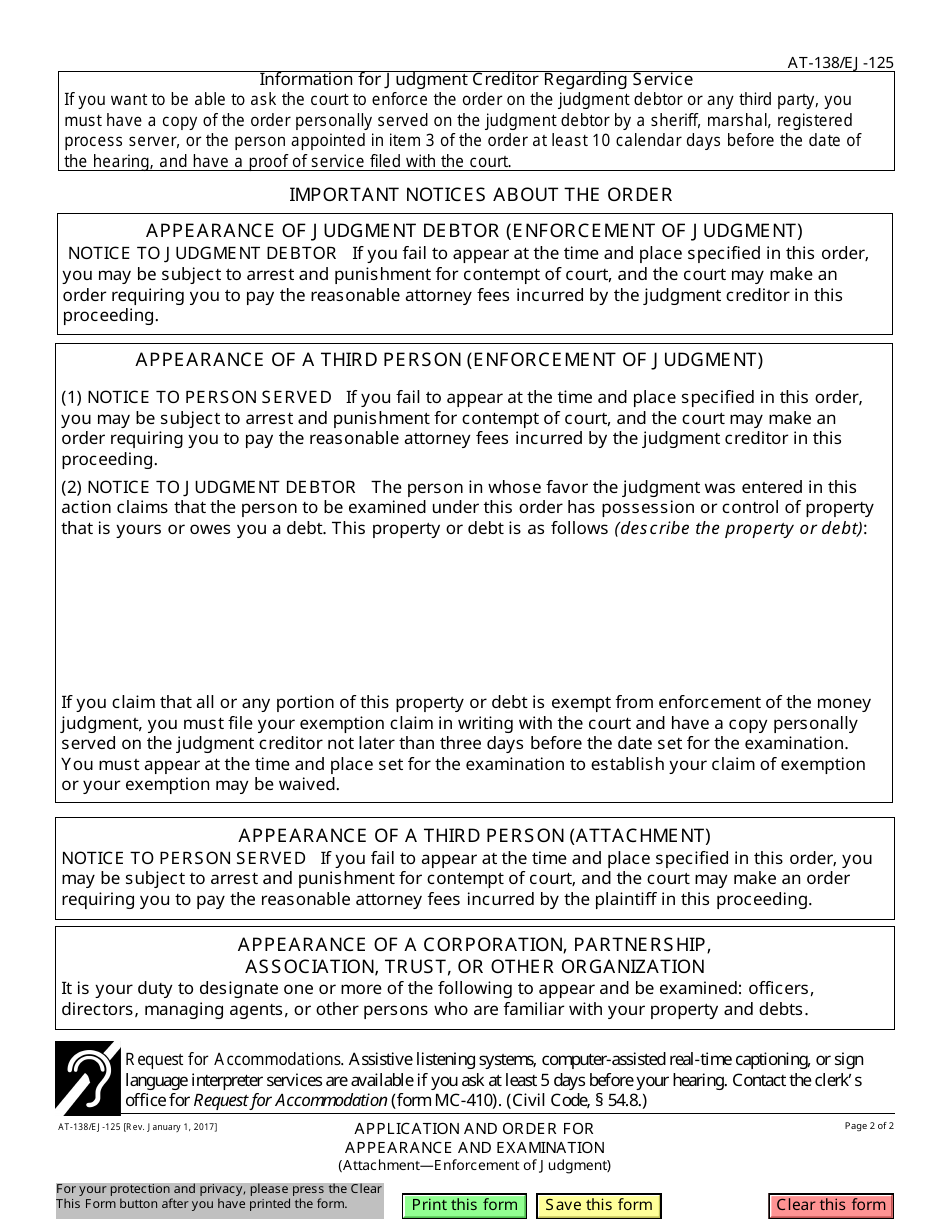 Form AT-138 (EJ-125) Application and Order for Appearance and Examination - California, Page 2
