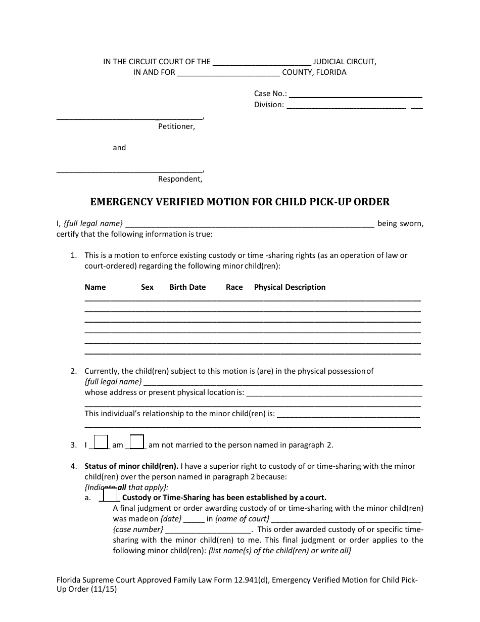 Form 12.941(D) Emergency Verified Motion for Child Pick-Up Order - Florida, Page 3
