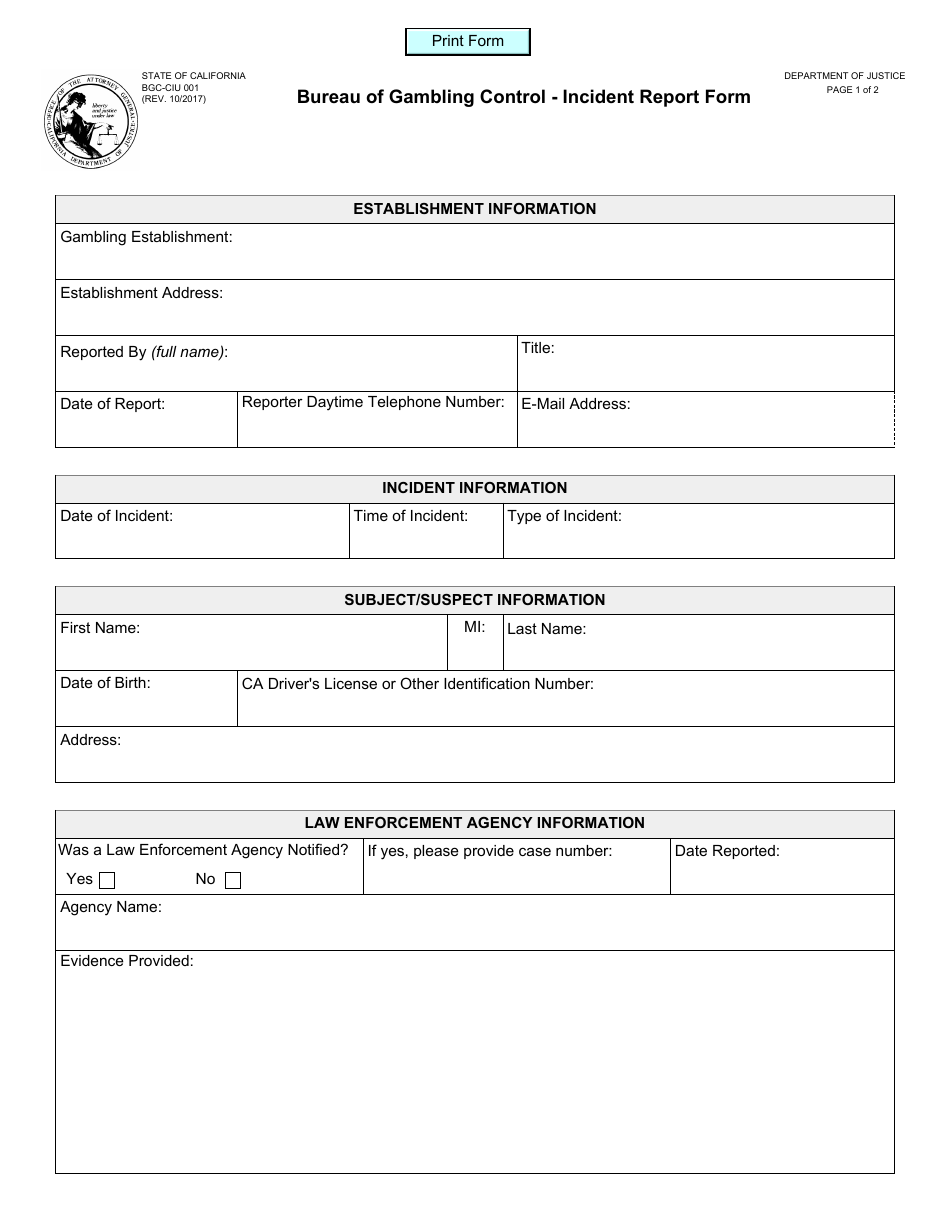 Form BGC-CIU001 Bureau of Gambling Control - Incident Report Form - California, Page 1