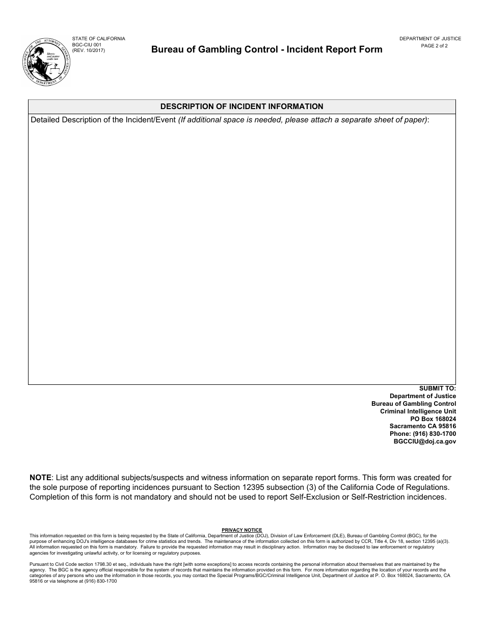 Form BGC-CIU001 Bureau of Gambling Control - Incident Report Form - California, Page 2
