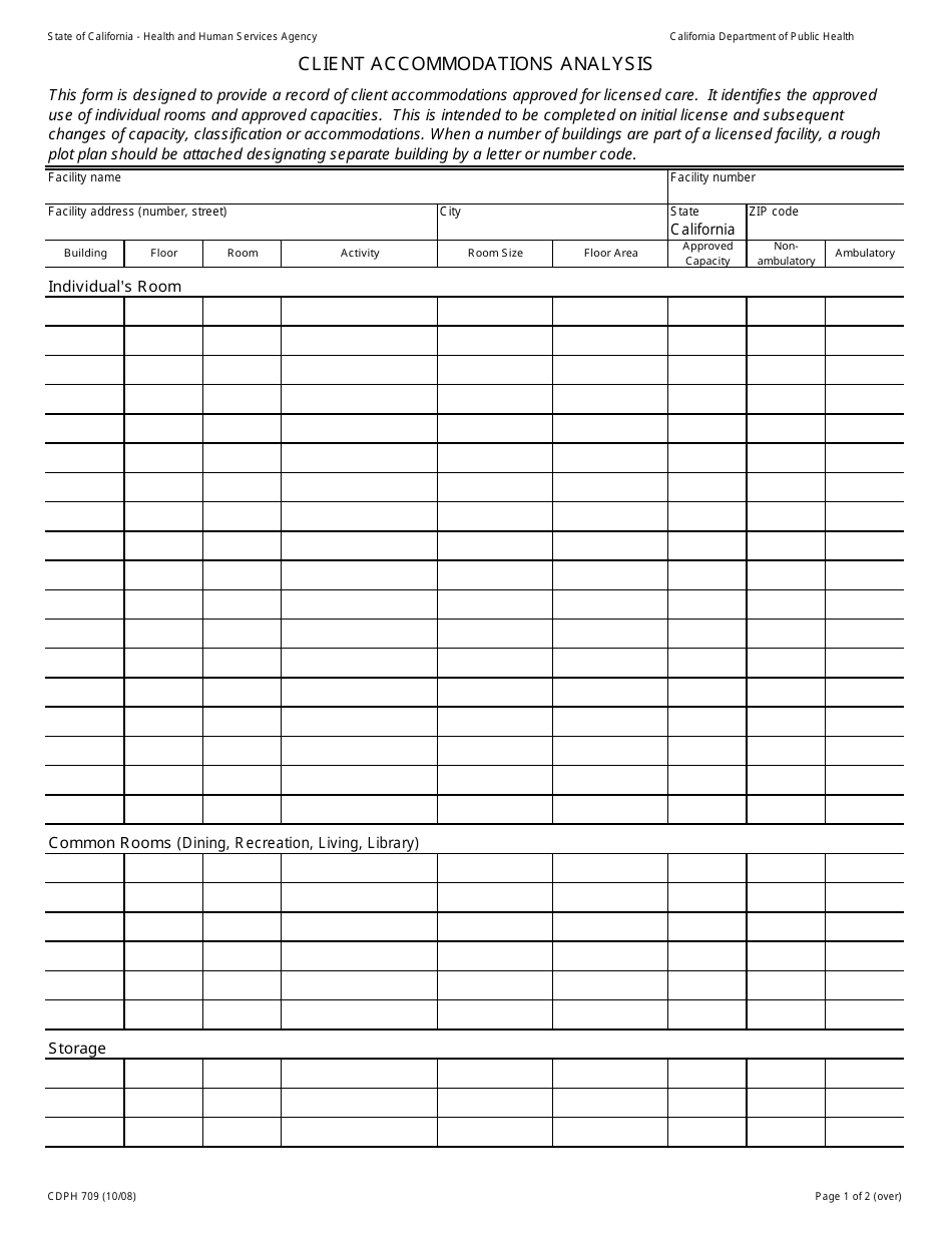 Form CDPH709 Client Accommodations Analysis - California, Page 1