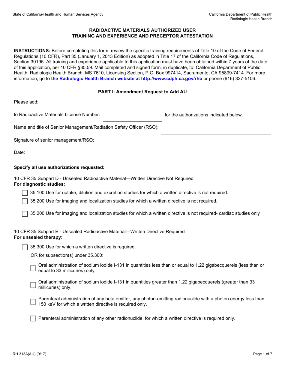 Form RH313A(AU) Radioactive Materials Authorized User Training and Experience and Preceptor Attestation - California, Page 1
