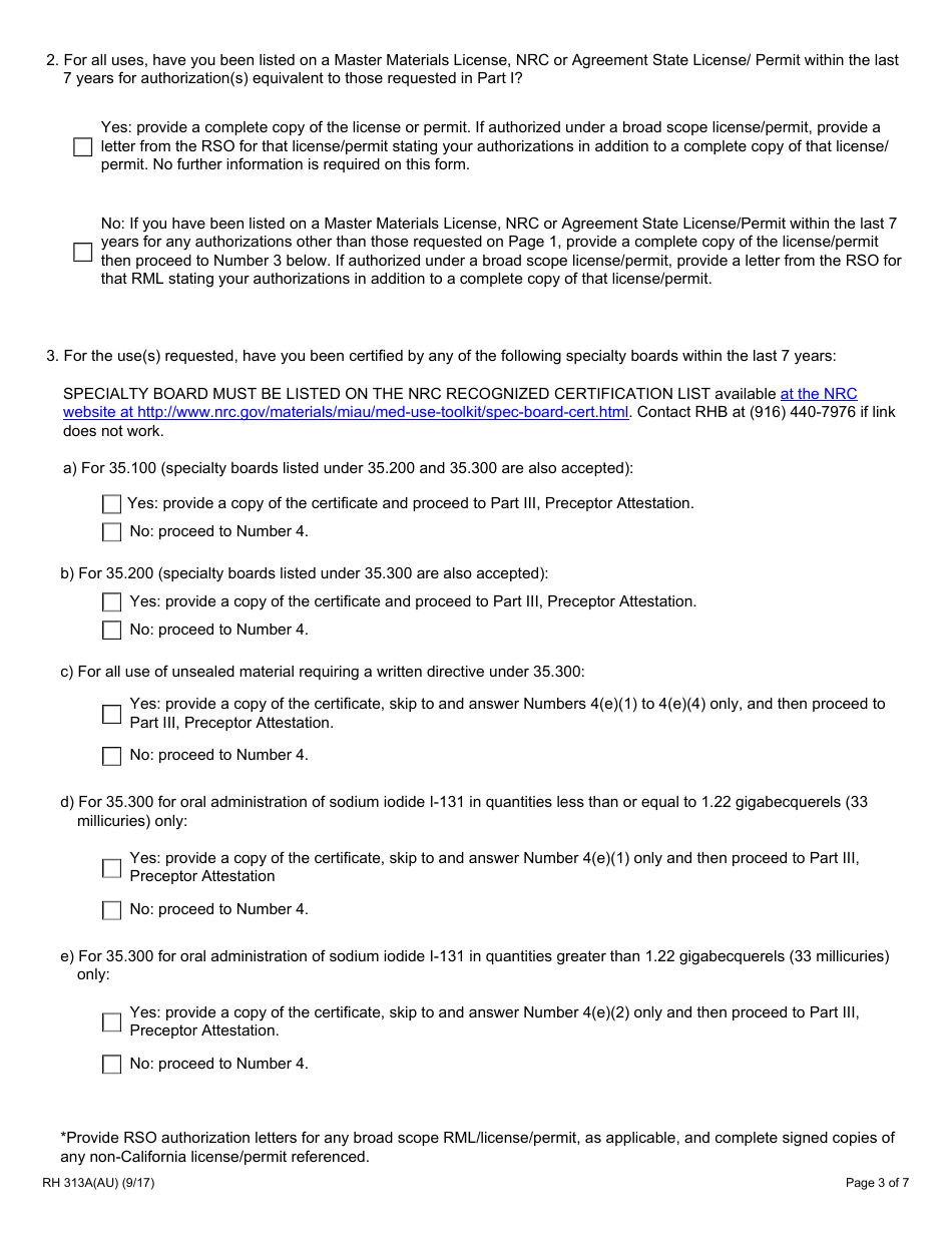 Form RH313A(AU) Radioactive Materials Authorized User Training and Experience and Preceptor Attestation - California, Page 3
