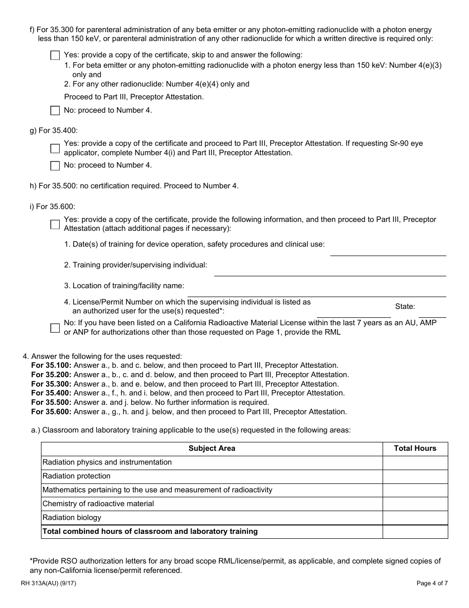 Form RH313A(AU) Radioactive Materials Authorized User Training and Experience and Preceptor Attestation - California, Page 4